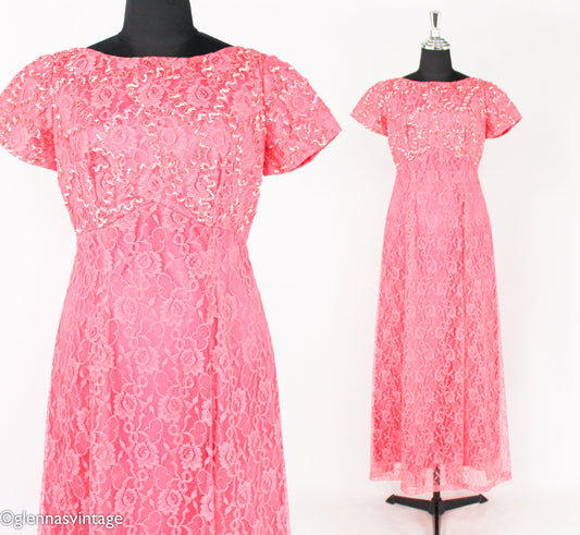 1950s Pink Lace & Sequin Formal Evening Dress, Medium