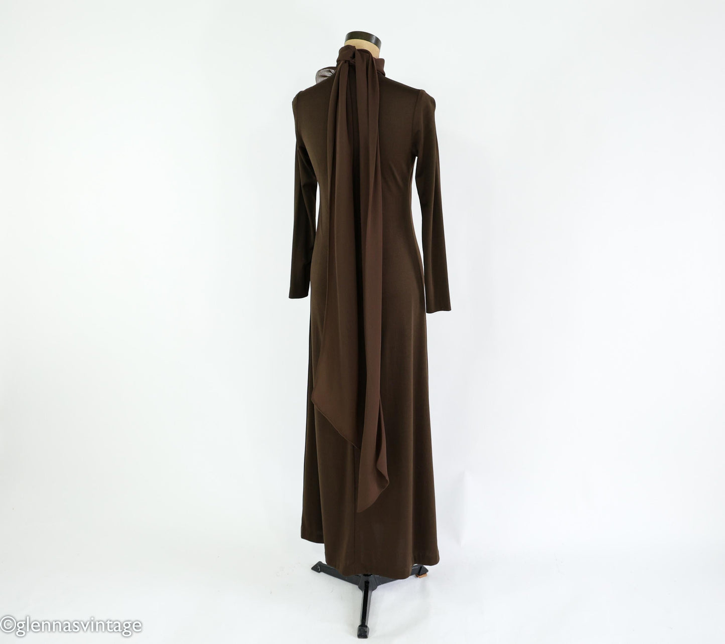 1970s Brown Maxi Dress | Chiffon Collar Evening Gown, Medium