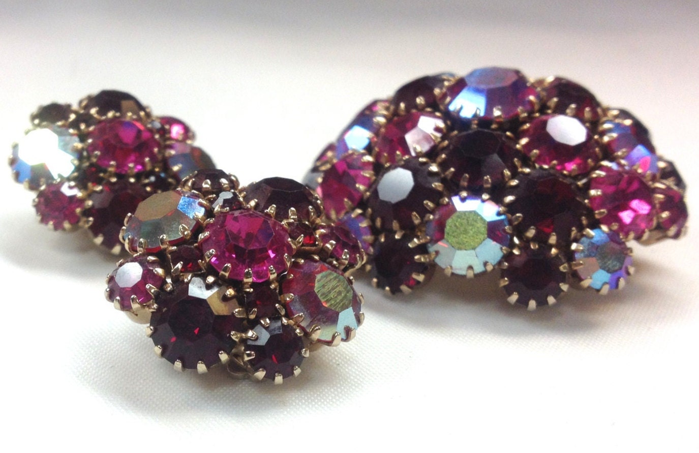 1950s Pink & Red Rhinestone Brooch Set | 50s Pink Red Rhinestone Pin Earring Set
