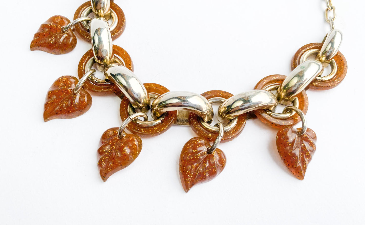 1960s Glitter Leaf Necklace | Brown Plastic, Gold Chain