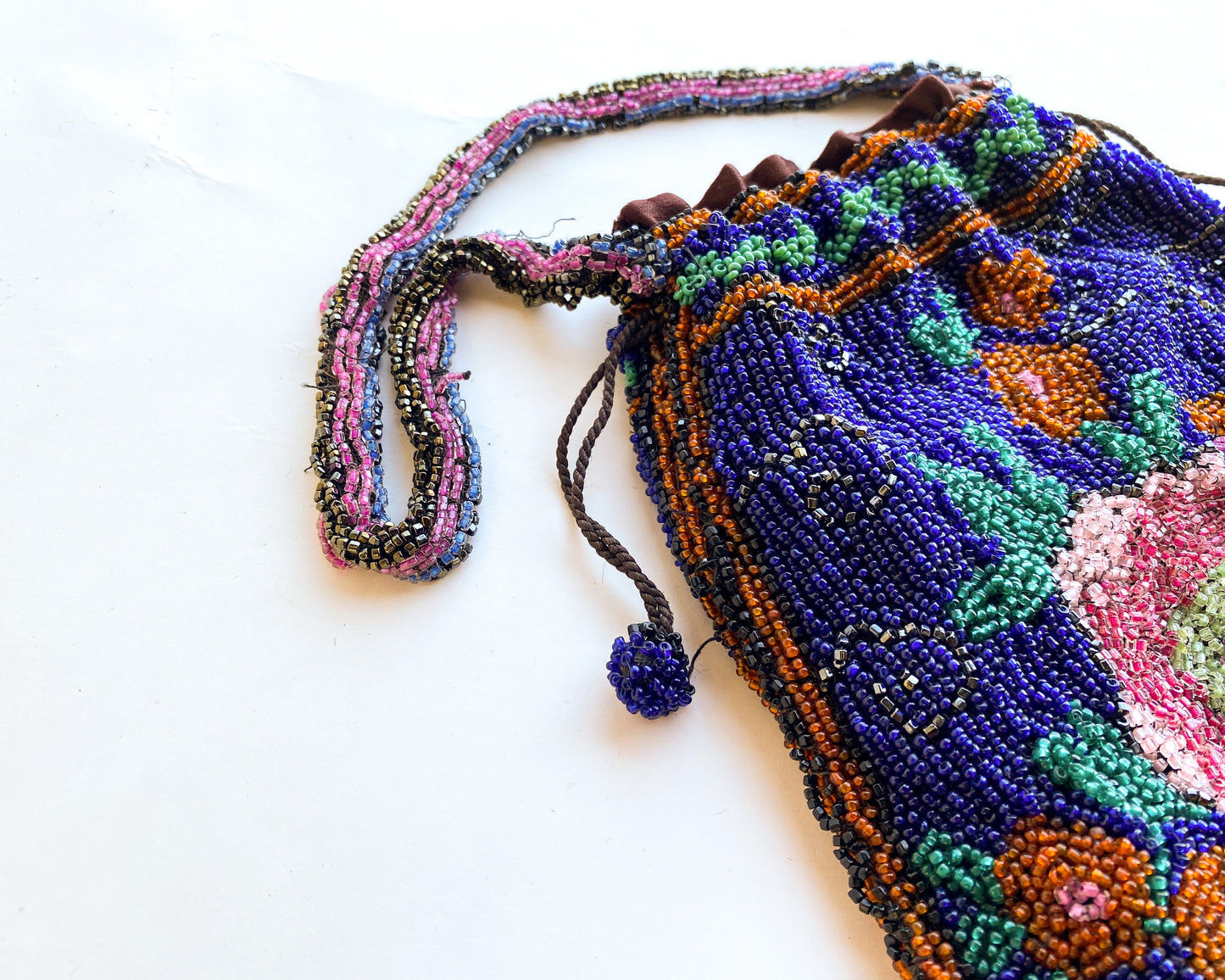 1900s Blue Floral Beaded Evening Bag | Blue & Pink Flower Beaded Handbag | Gustus Katz