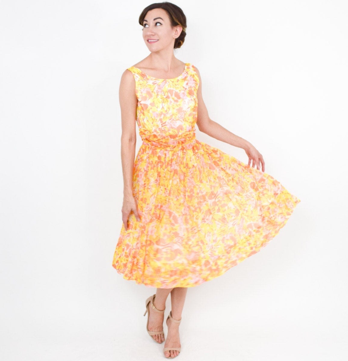 1950s Yellow Flowered Chiffon Dress | 50s Yellow & Orange Floral Dress | Small