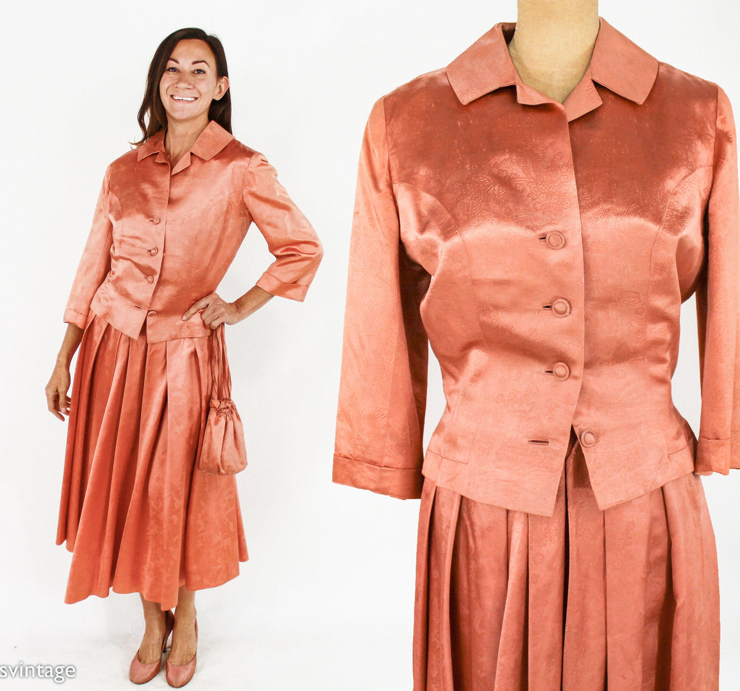 1940s Peach Satin Suit Set | 40s Orange Satin Wedding Skirt Suit Set | Medium