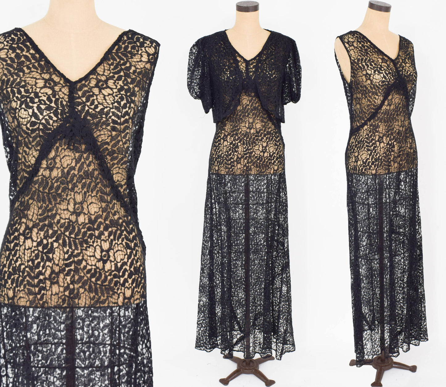 1930s Black Lace Evening Dress & Bolero Jacket Set, Large