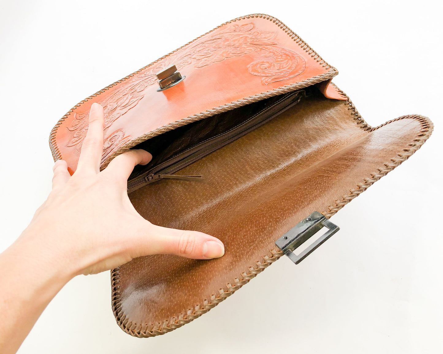 1950s Tooled Leather Clutch | 50s Tooled Handbag