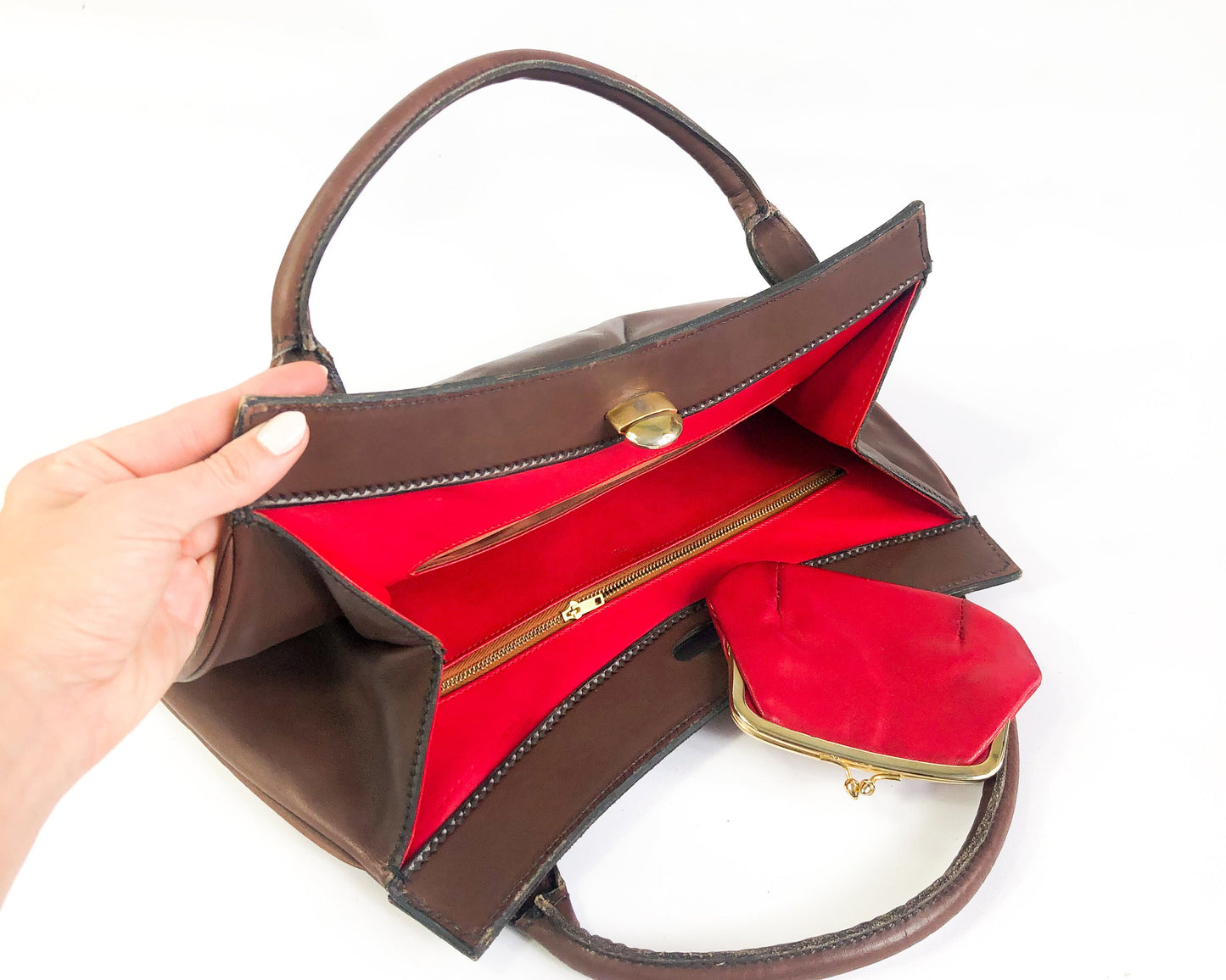 1950s Brown Leather Handbag | 50s Brown & Red Leather Handbag | Koret