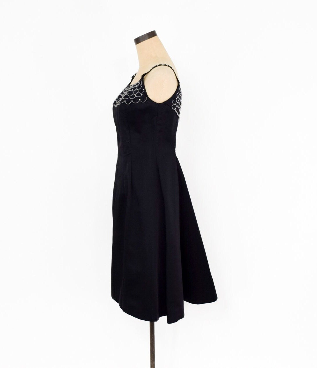 1950s Black Satin Cocktail Dress with Rhinestone Detail, Medium