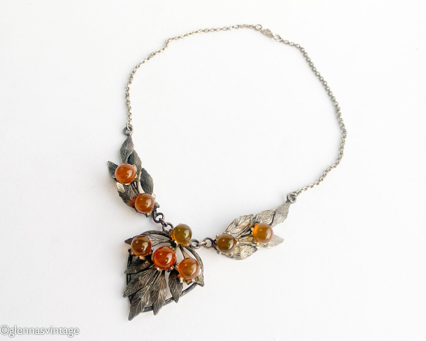1930s Silver Leaves Necklace | Vintage Pendant with Brown Berries