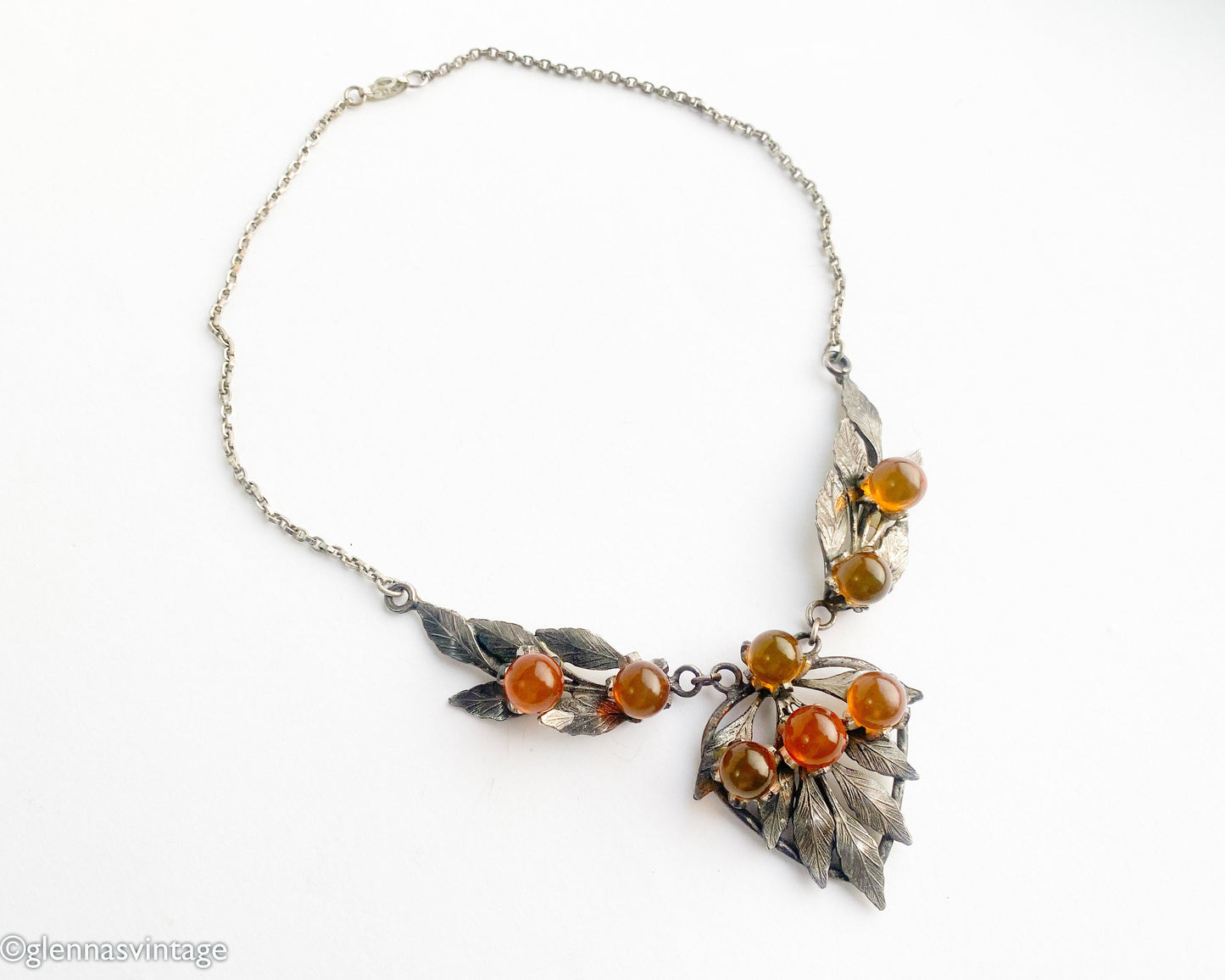 1930s Silver Leaves Necklace | Vintage Pendant with Brown Berries