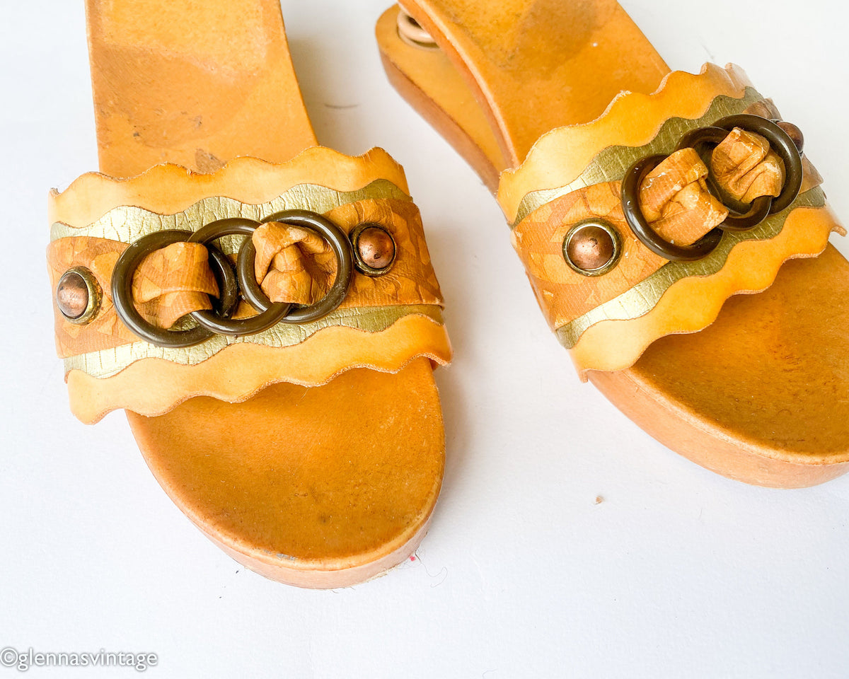 1970s Domo Italy Wooden Sandals Slides with Spring Heel