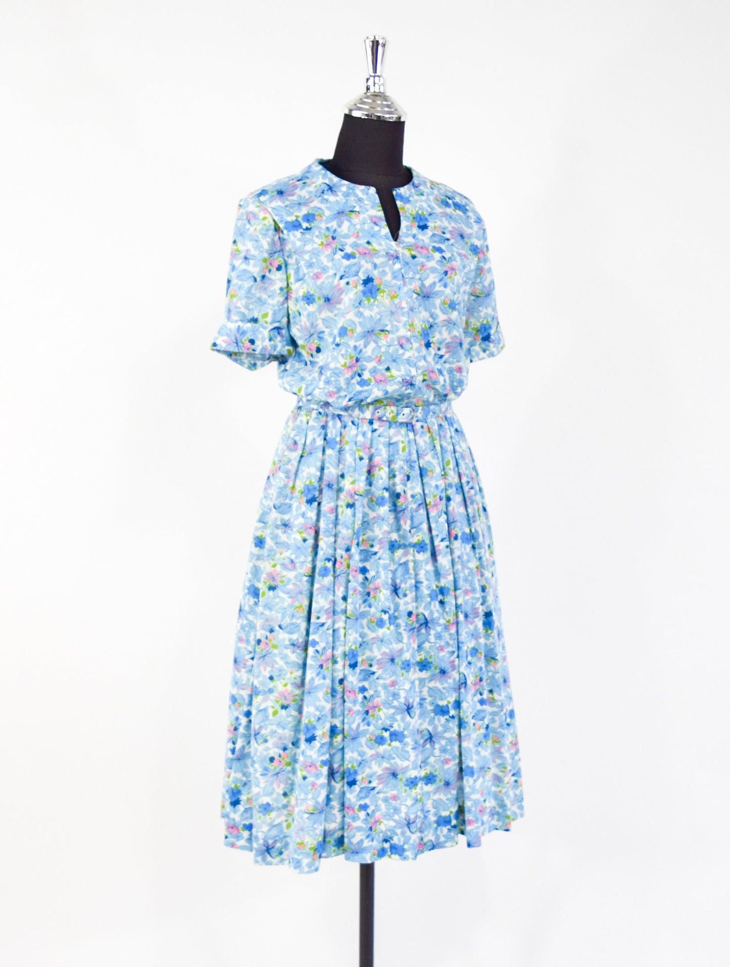 1950s Blue Floral Nylon Day Dress, Medium