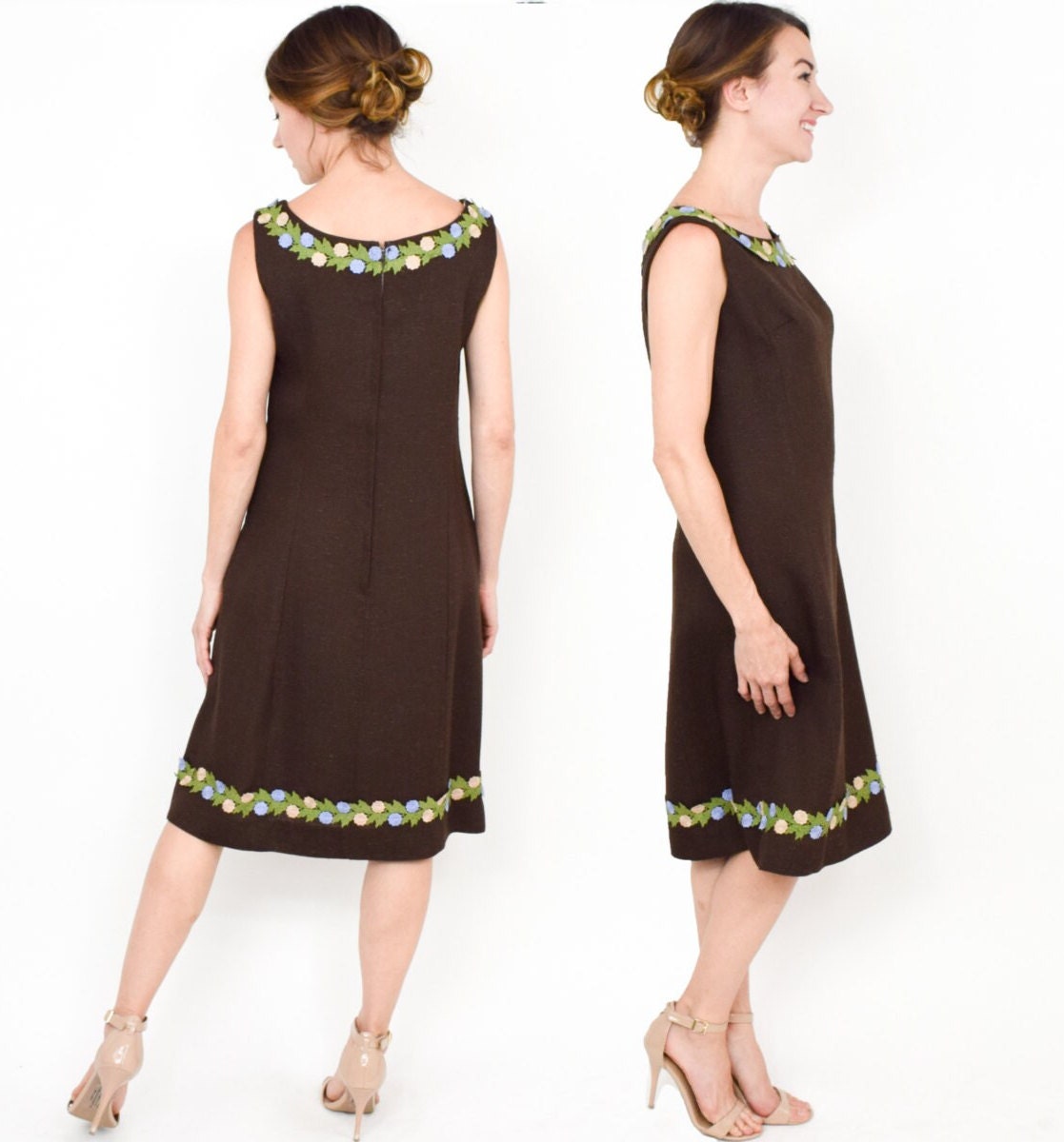 1950s Brown Linen Shift Dress with Floral Appliqué, Medium