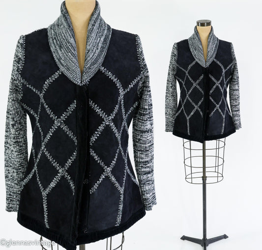 1970s Black Suede Patchwork Knit Jacket with Shawl Collar, Large