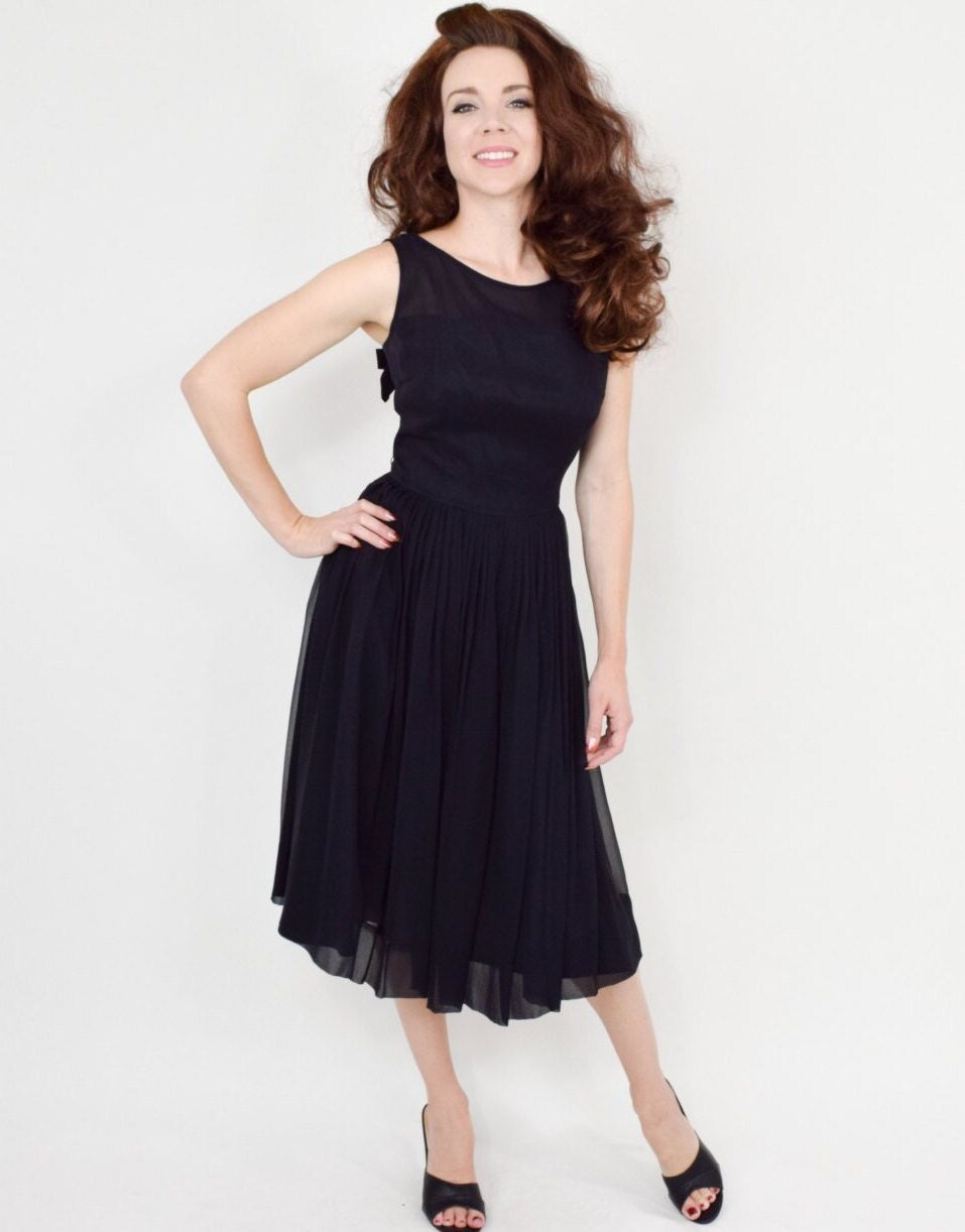 1950s Black Silk Chiffon Party Dress | 50s Black Chiffon Cocktail Dress | Small
