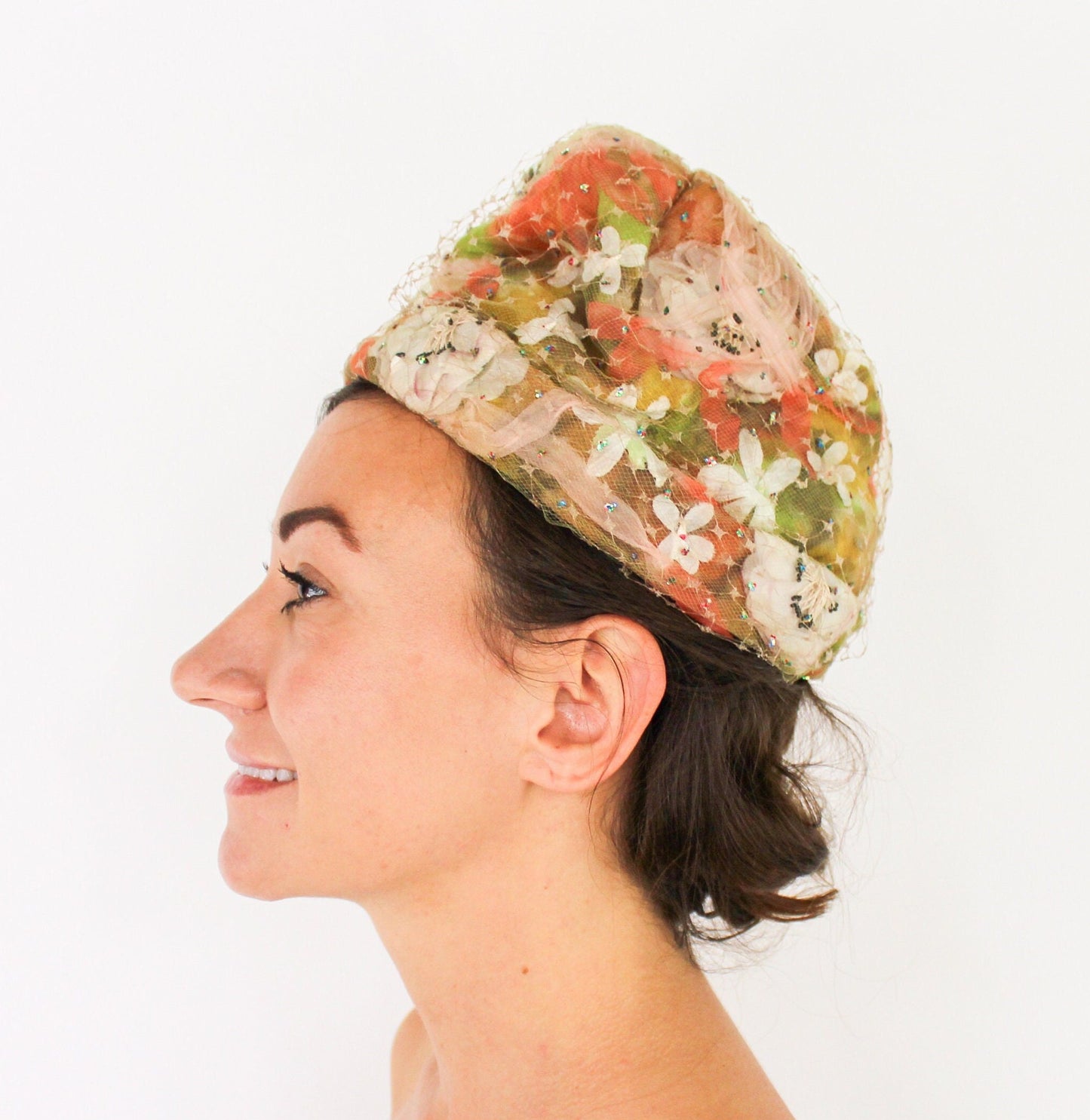 1950s Orange Floral Turban Hat