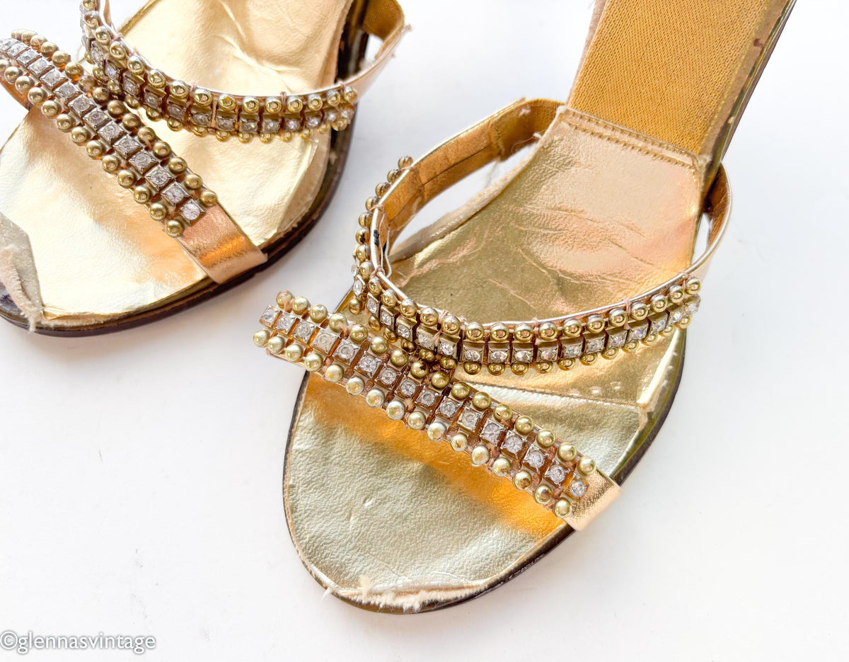 1950s Gold Springolators Heels Heeled Sandals, Size 7