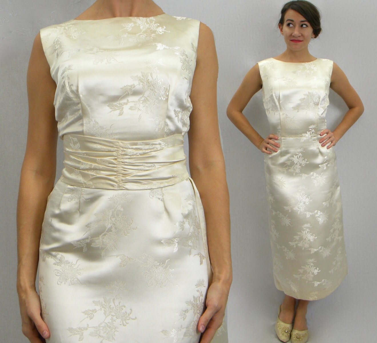 1950s Creme Silk Satin Dress, Small