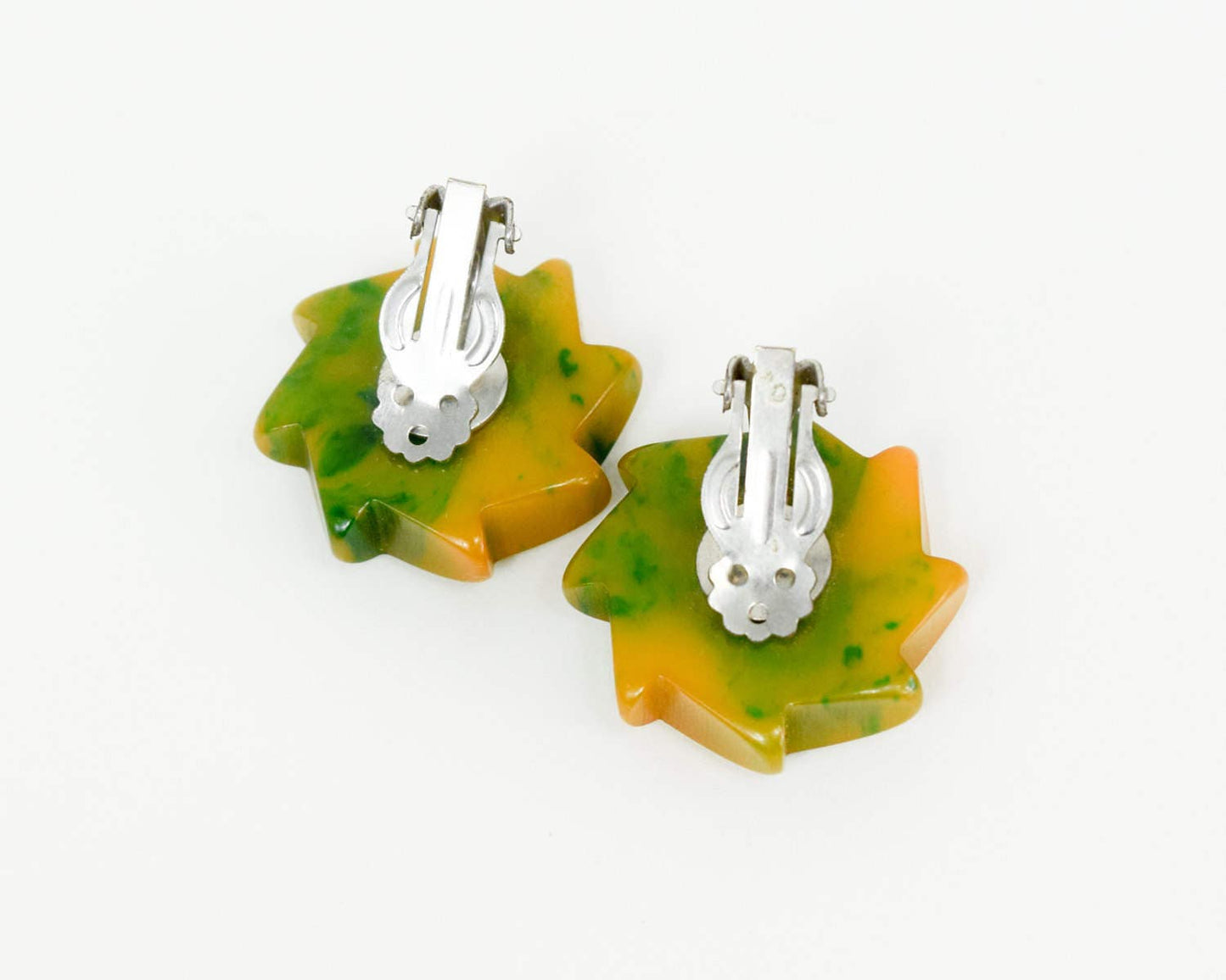 1940s Yellow & Green Bakelite Clip Earrings | 40s Marbled Green Bakelite Earrings