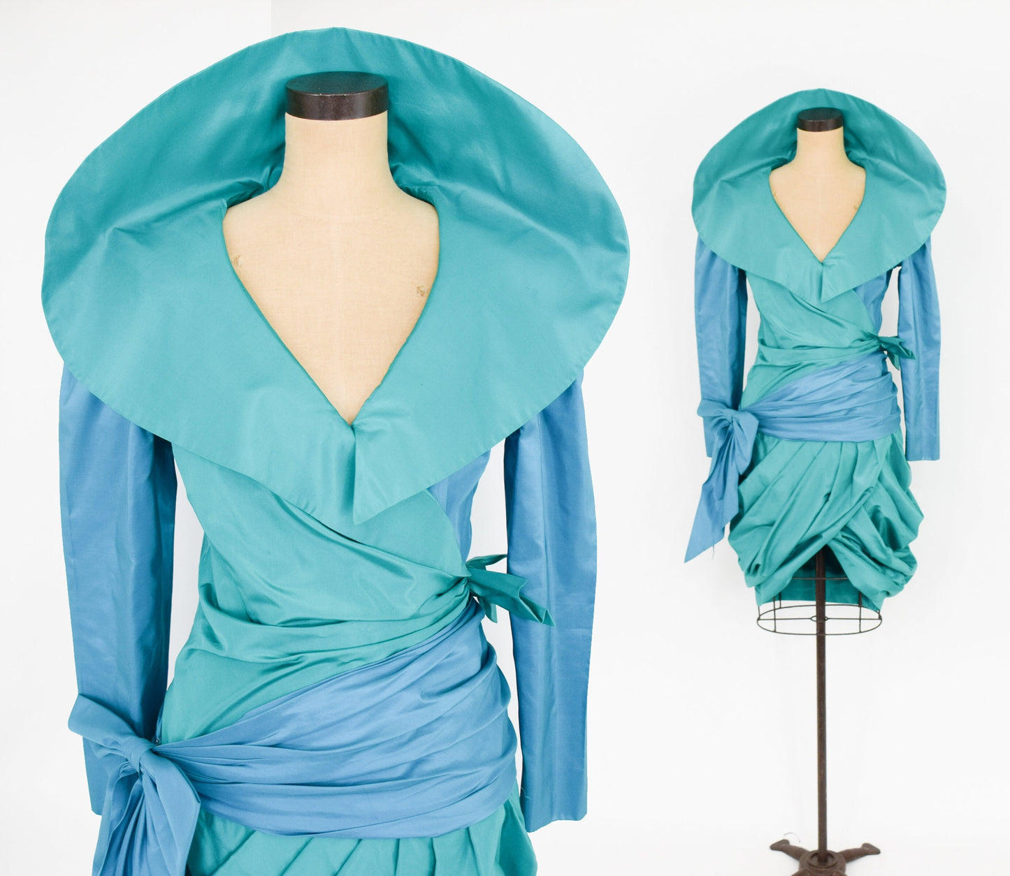 1990s Blue Silk Cocktail Dress | 90s Turquoise Blue Silk Taffeta Wrap Dress | Vera Casalino Paris | Medium
