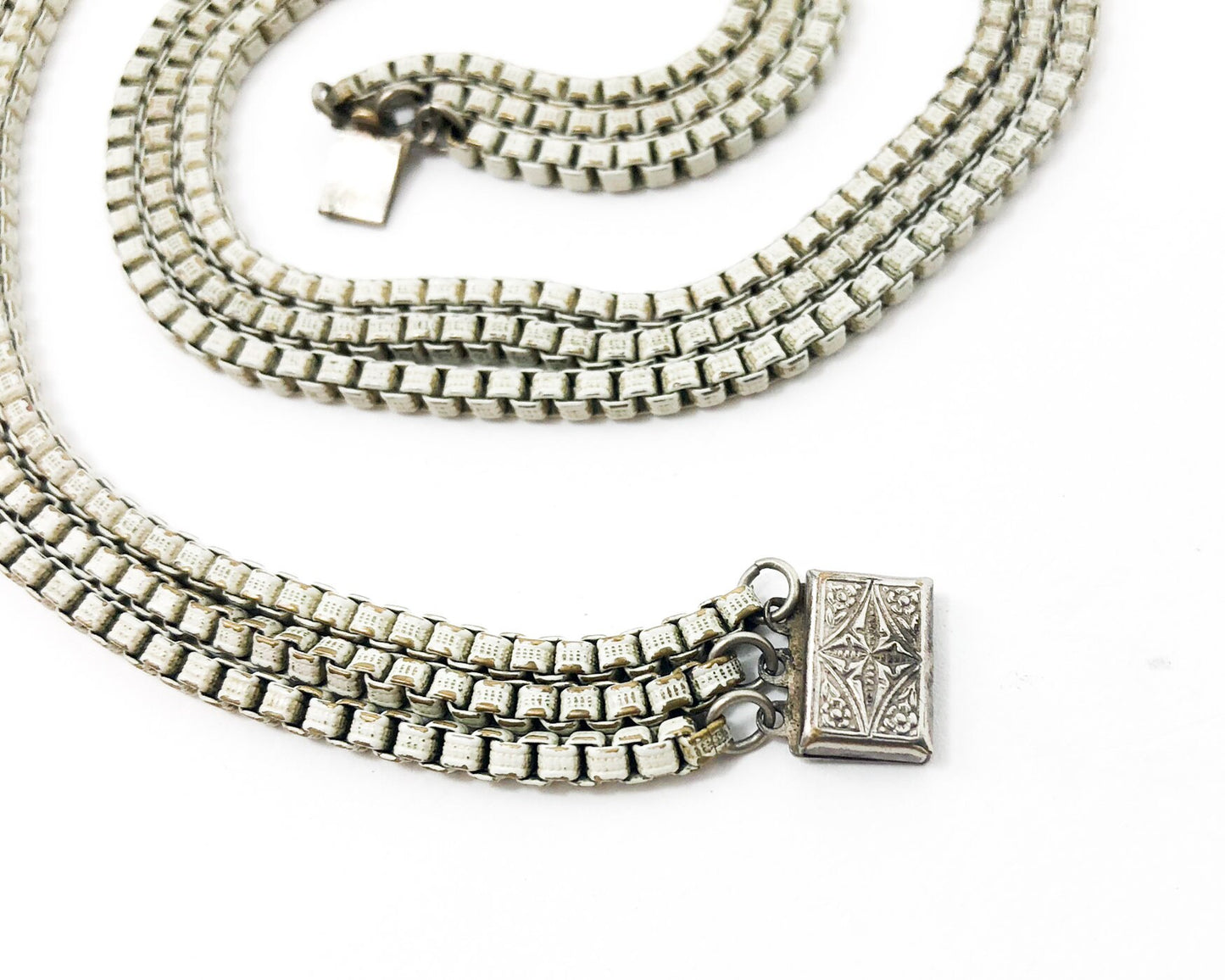 1930s White Enamel Box Chain Necklace | 30s White Box Chain Choker | 3 Strand Necklace
