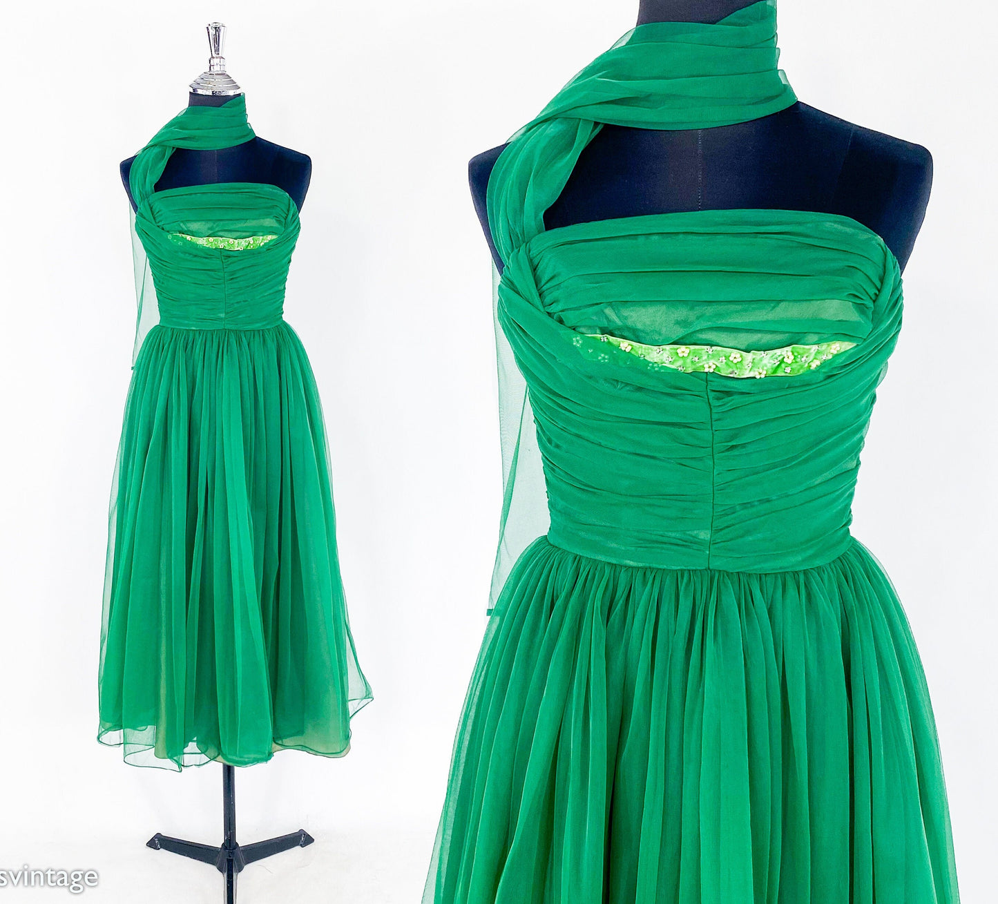 1950s Emerald Green Evening Dress, Extra Small