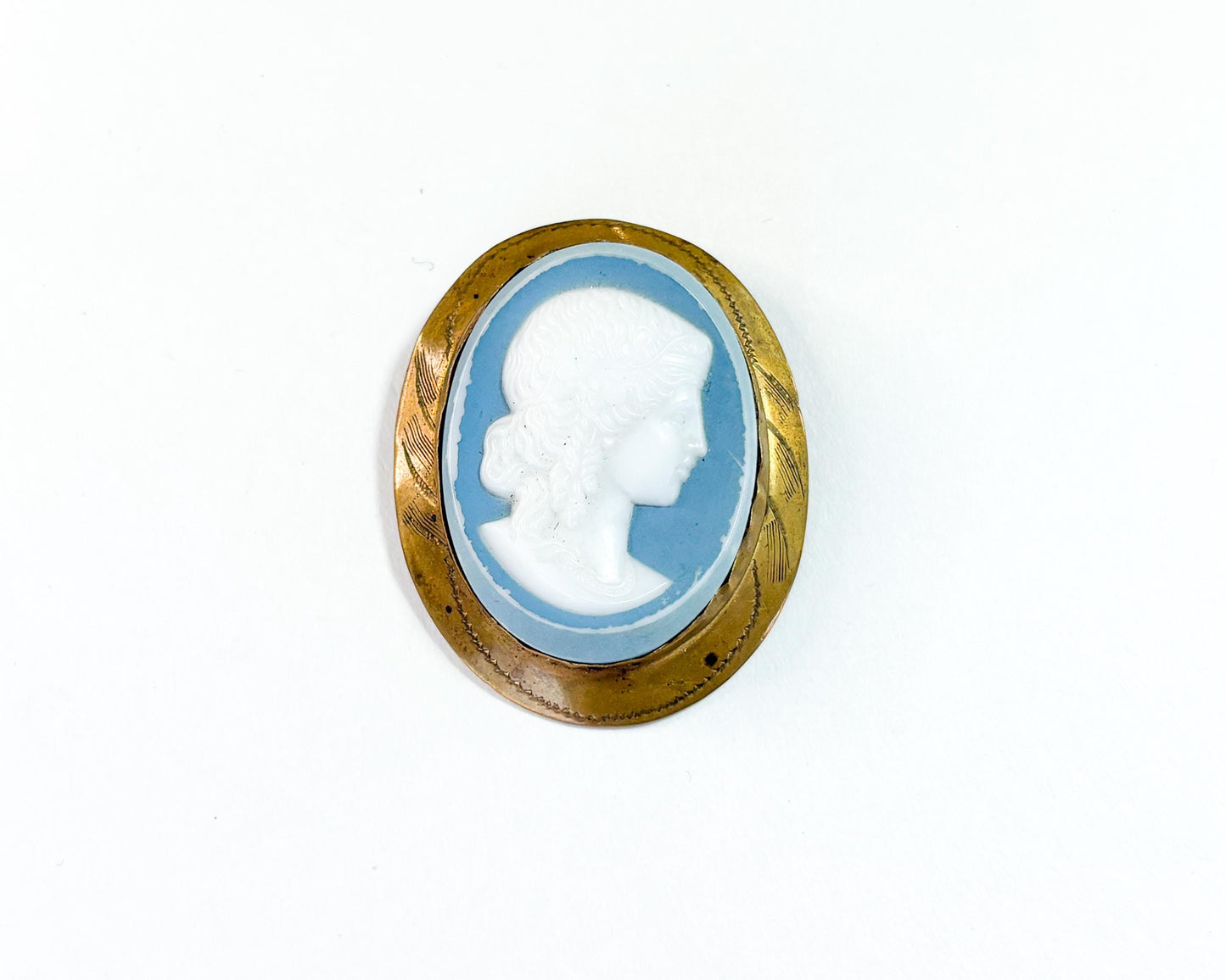 1930s Molded Glass Cameo with an Etched Brass Frame