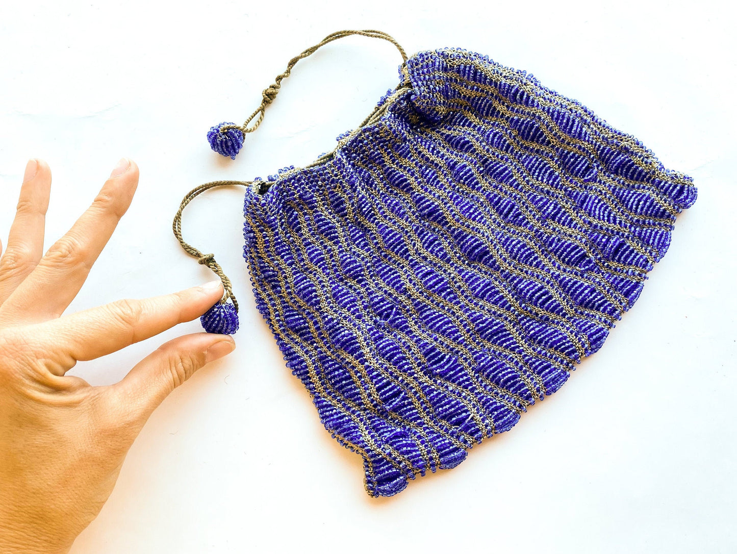 1900s Vintage Blue Beaded Evening Bag | Glass Beads Purse