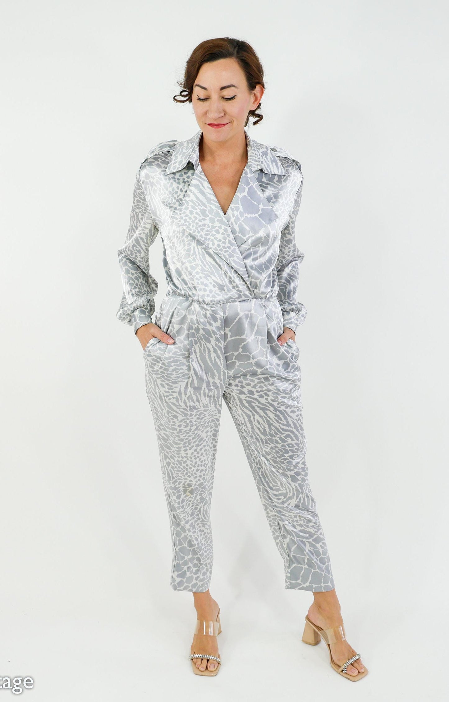 1980s Giraffe Silver Print Jumpsuit | 80s Silver Jumpsuit | Caron | Medium