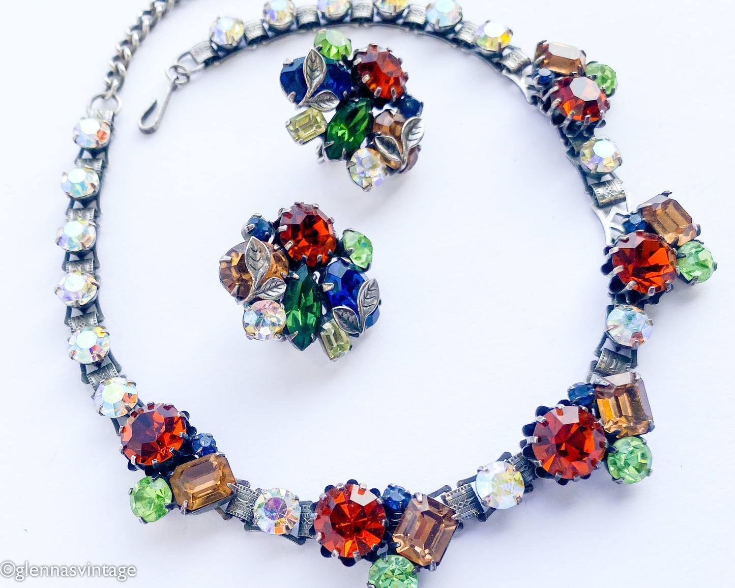 Vendôme | 1940s Rhinestone Necklace Earrings Jewelry Set | 40s Autumn Rhinestone Evening Necklace Set | Vendôme