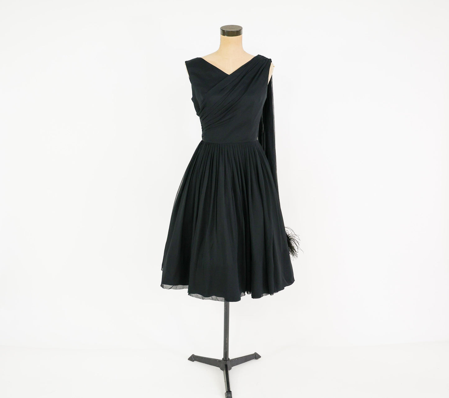 1950s Feather Sash Black Silk Cocktail Gown, Small