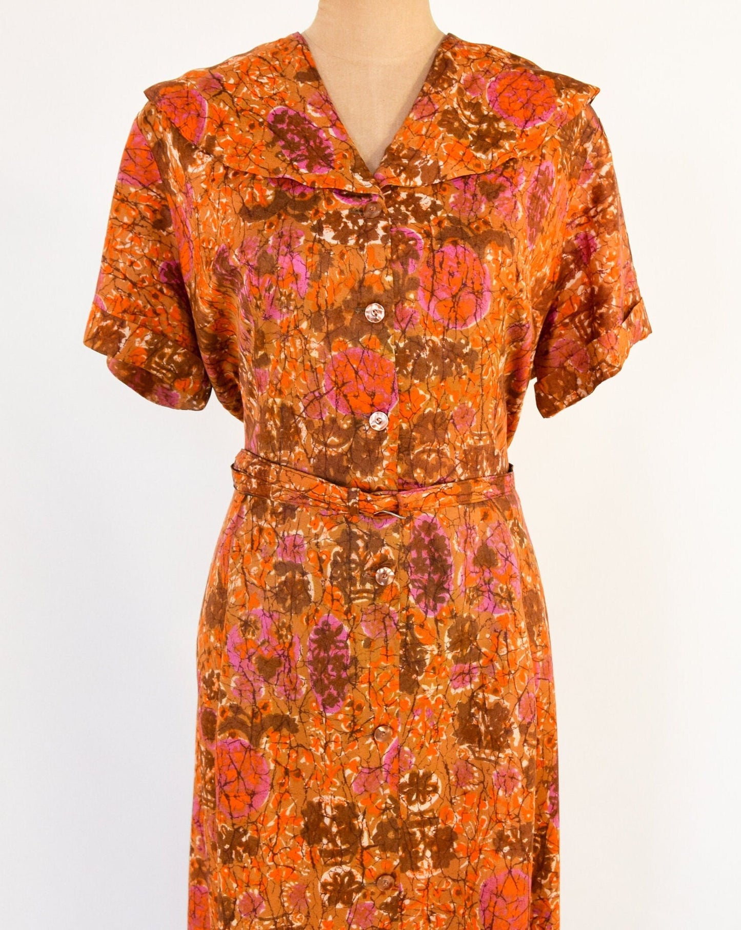 1950s Orange Floral Print Day Dress, Extra Large