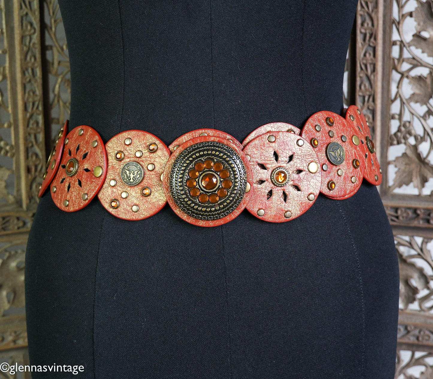 1970s Red & Brown Circles Studded Leather Belt