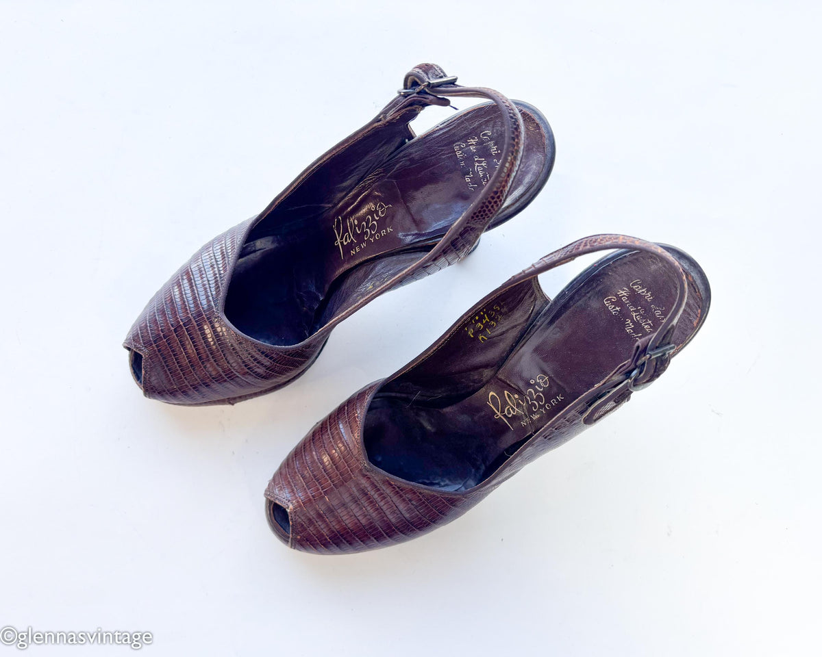 1940s Brown Lizard Platform Slingback Heels, 7.5 A, 38