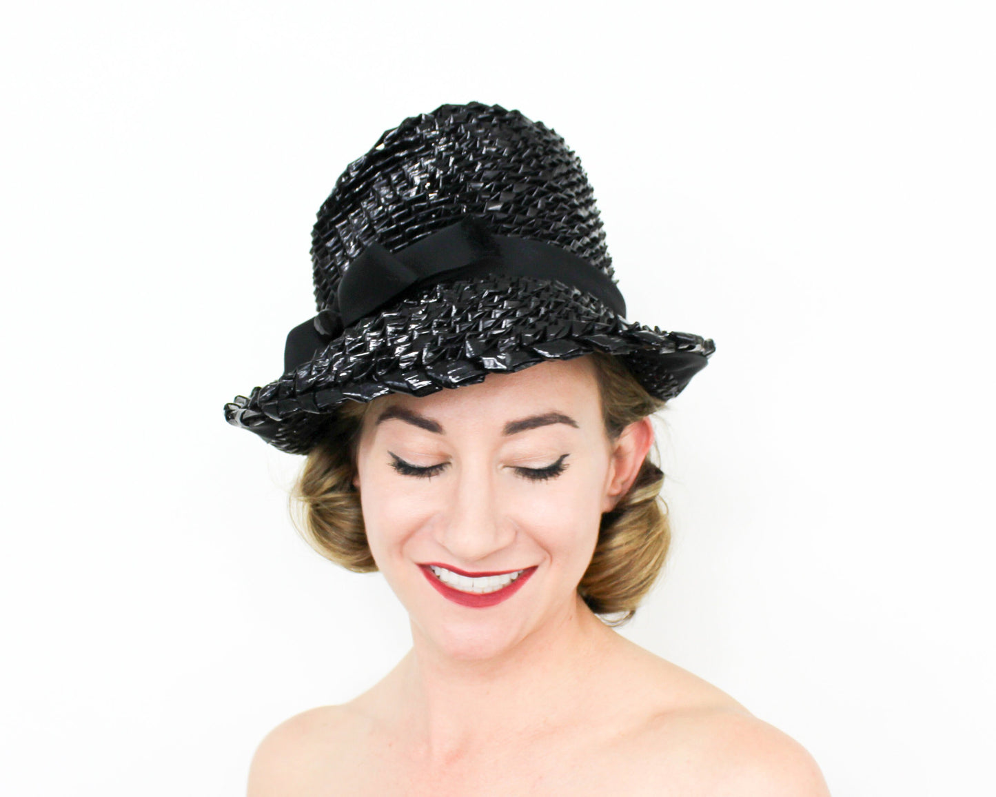 Mr John Jr 1960s Black Raffia Hat | Asymmetric Straw Hat