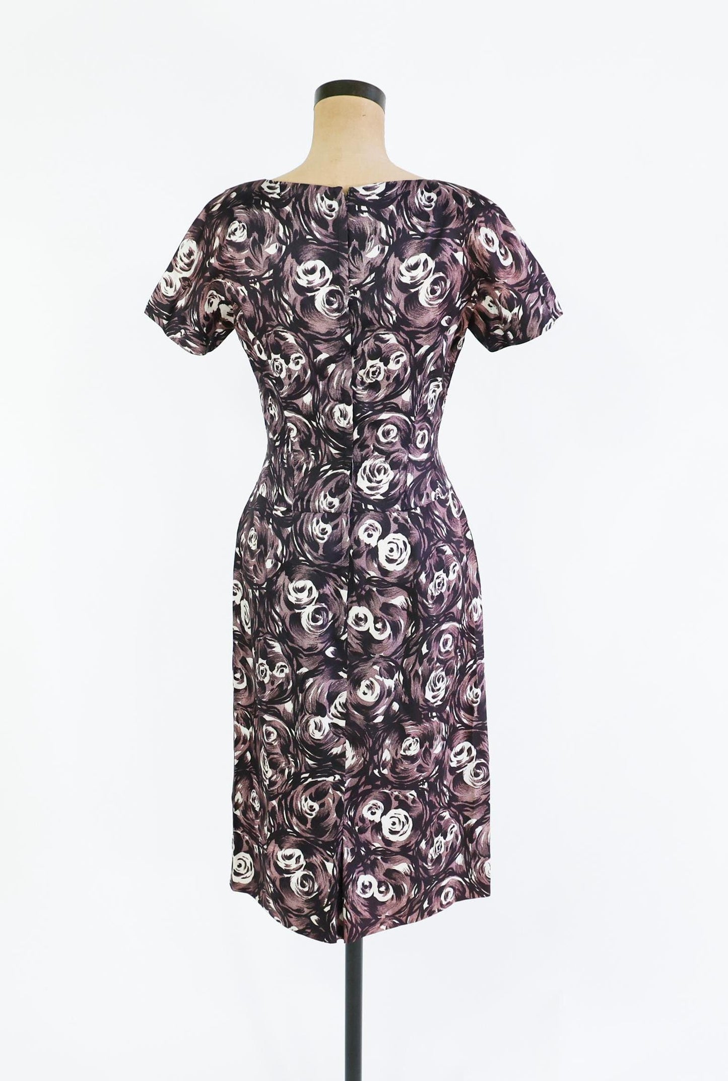 1950s Black & Gray Rose Print Dress, Small