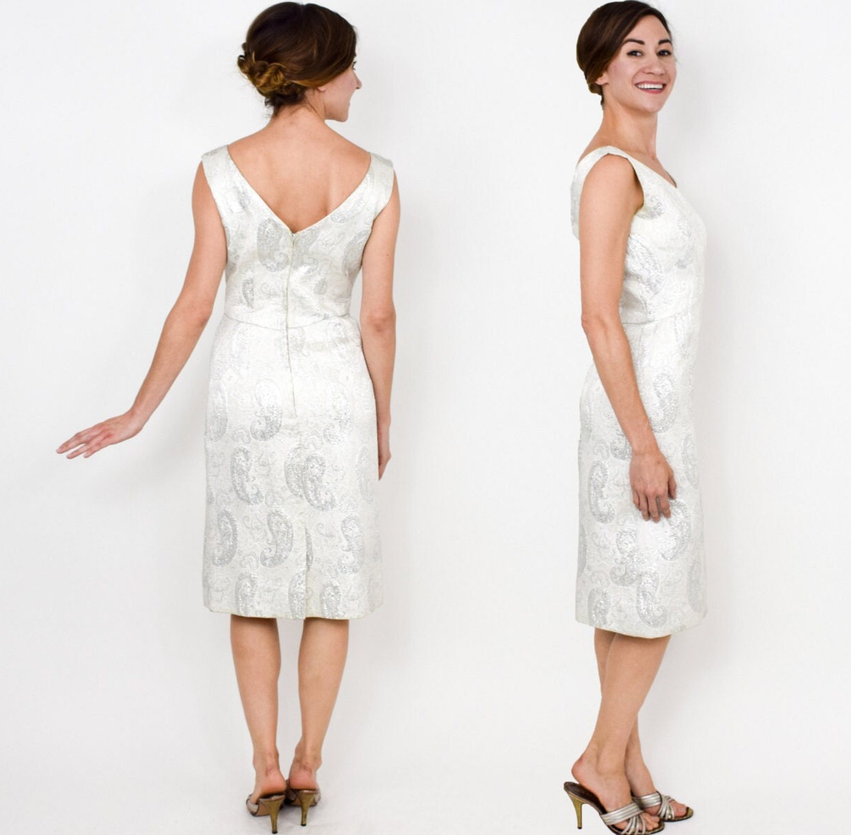 1960s Metallic Silver & White Brocade Dress, Small