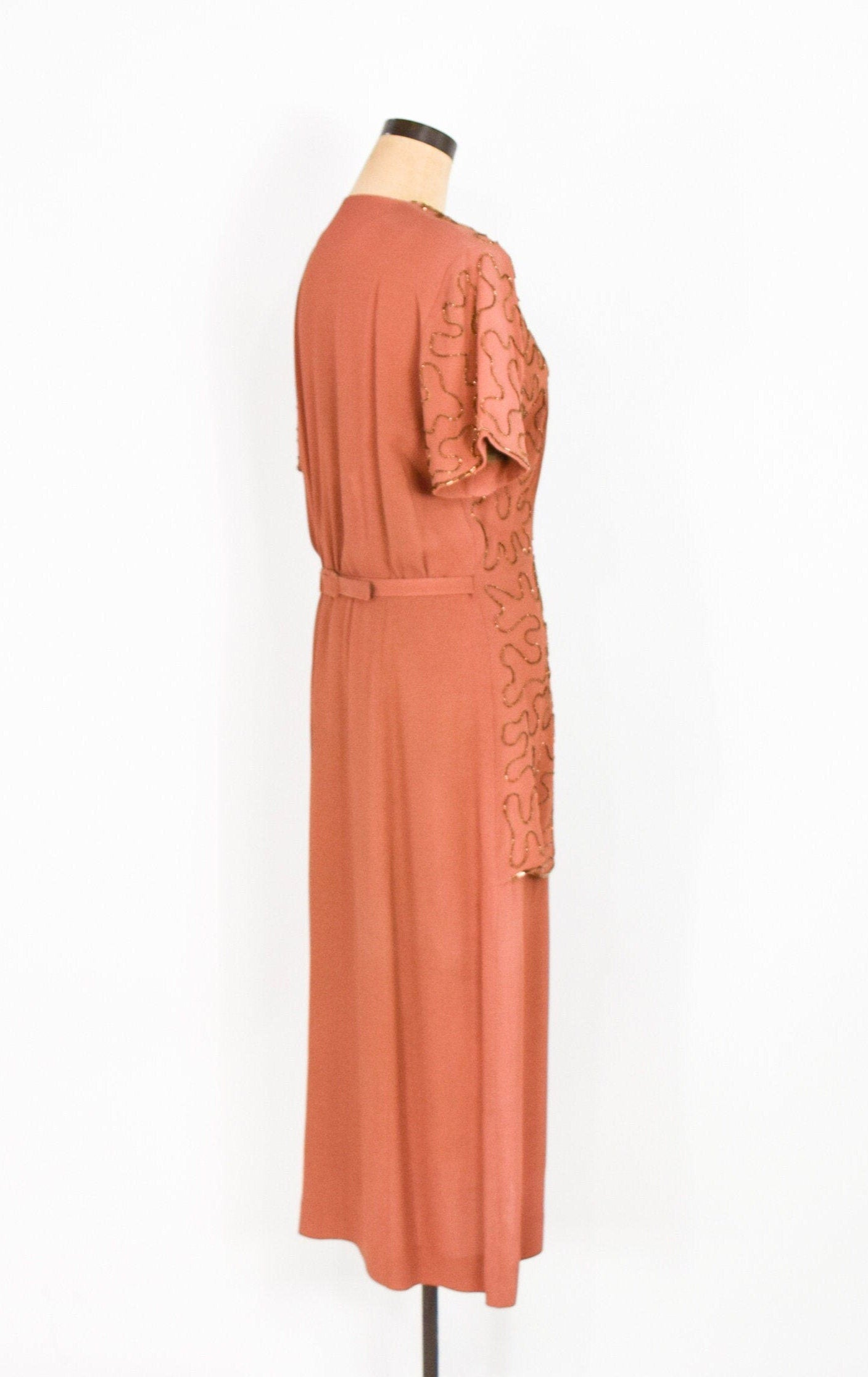 1940s Copper Beaded Evening Dress | 40s Orange Beaded Evening Gown | Old Hollywood | Large