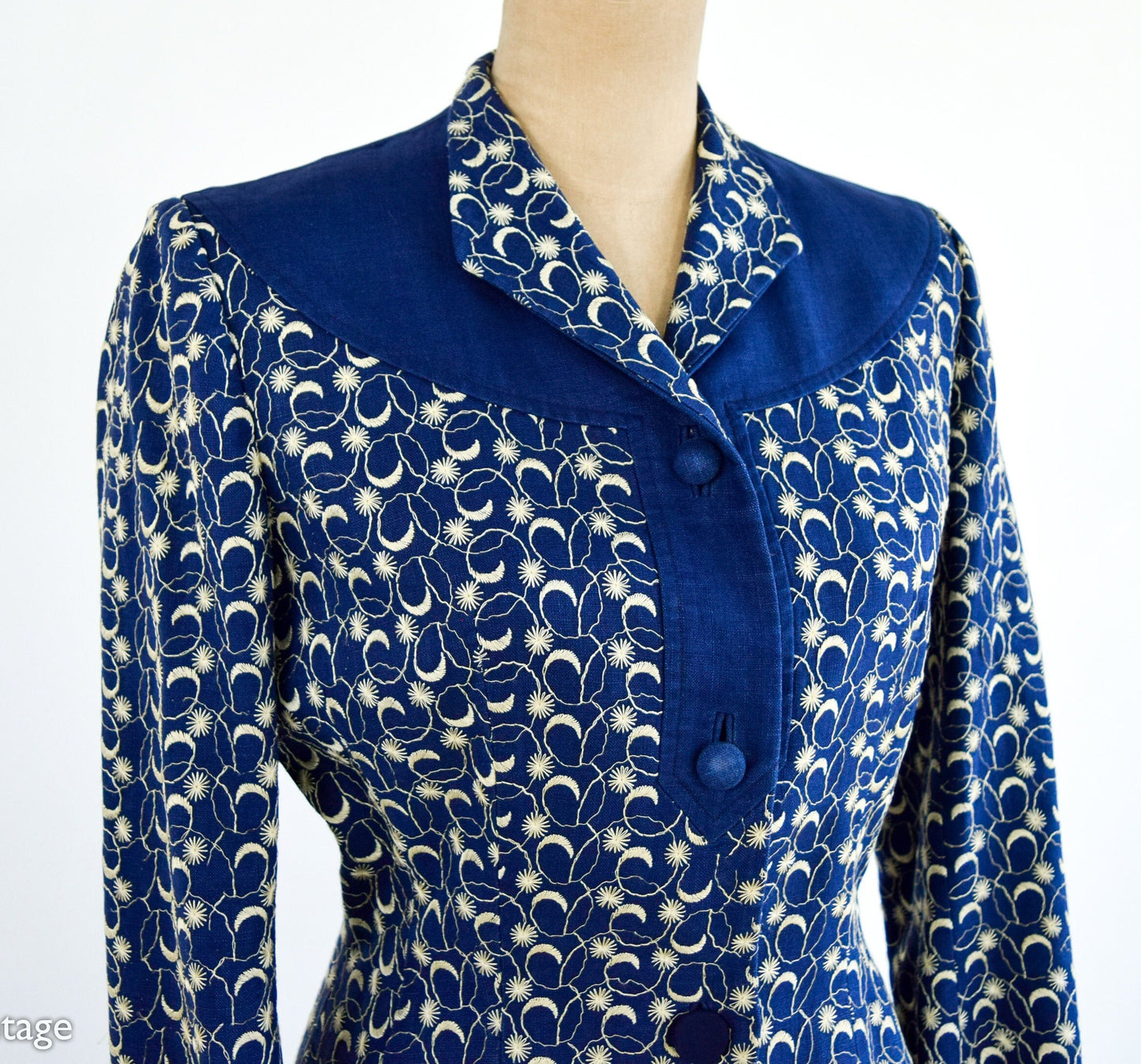 1940s Navy Blue Linen Skirt Suit Set, Medium