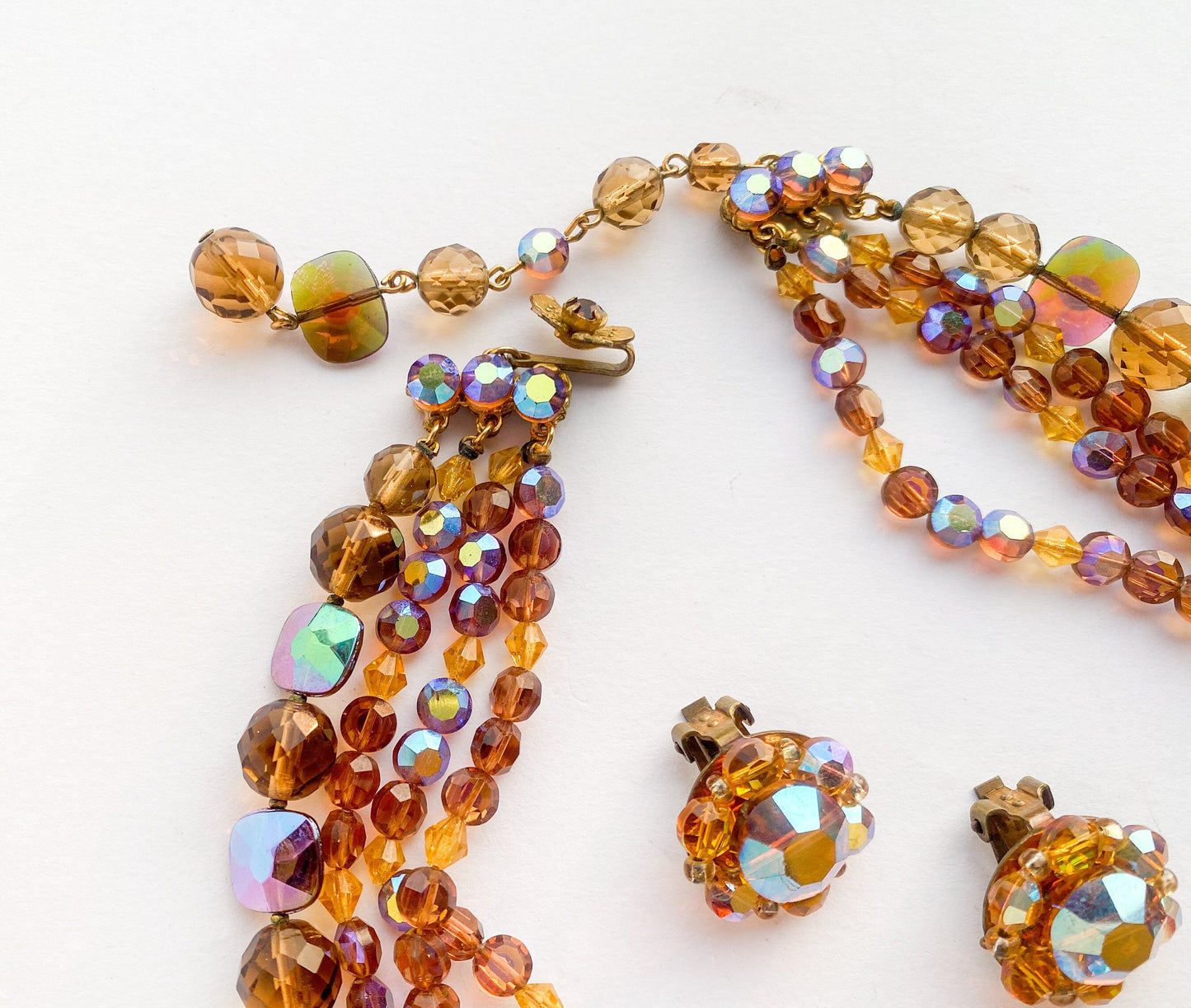 1950s Gold Crystal Necklace Set & Clip Earrings Set, De Mario Jewelry Set