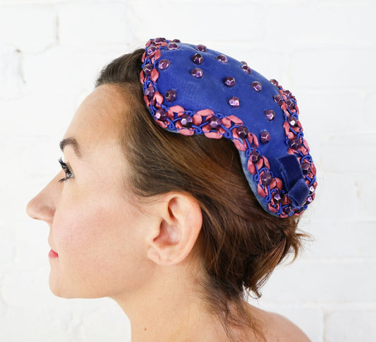 1950s Blue Velvet Beaded Fascinator Hat