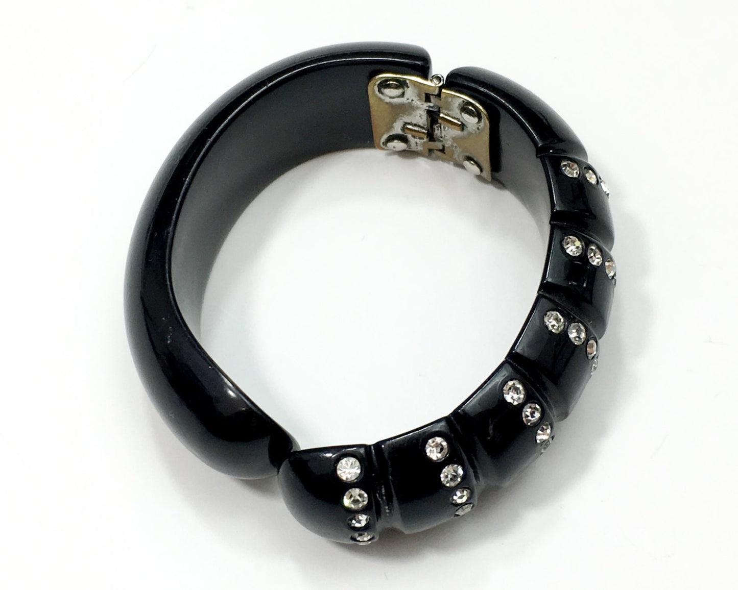 1950s Black Clamper Bracelet | 50s Black Lucite & Rhinestone Bracelet