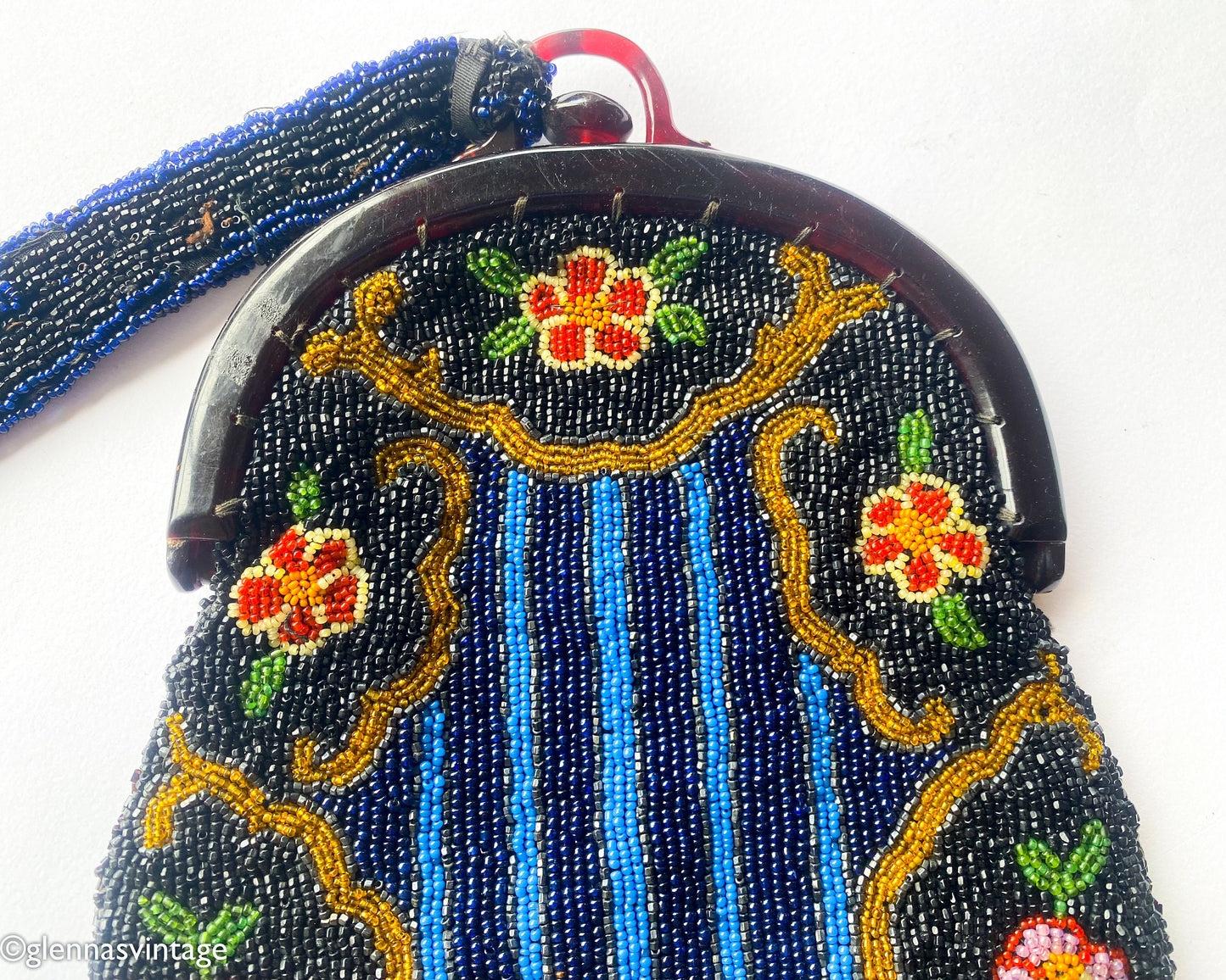 1900s Antique Floral Beaded Handbag with Lucite Frame