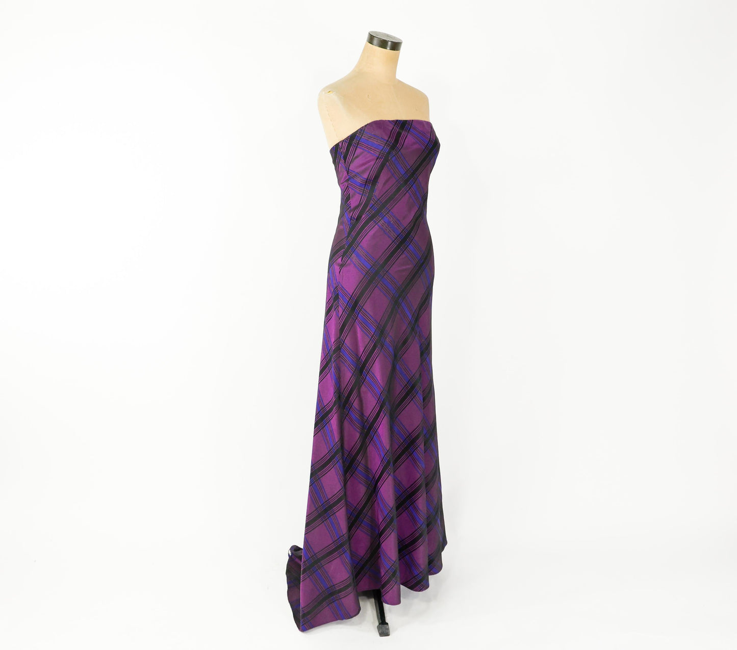 1990s Purple Plaid Taffeta Strapless Dress, Small