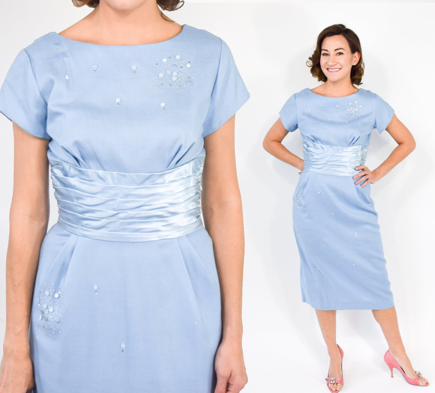 1950s Blue Cotton Sheath Dress with Satin Waist, Small