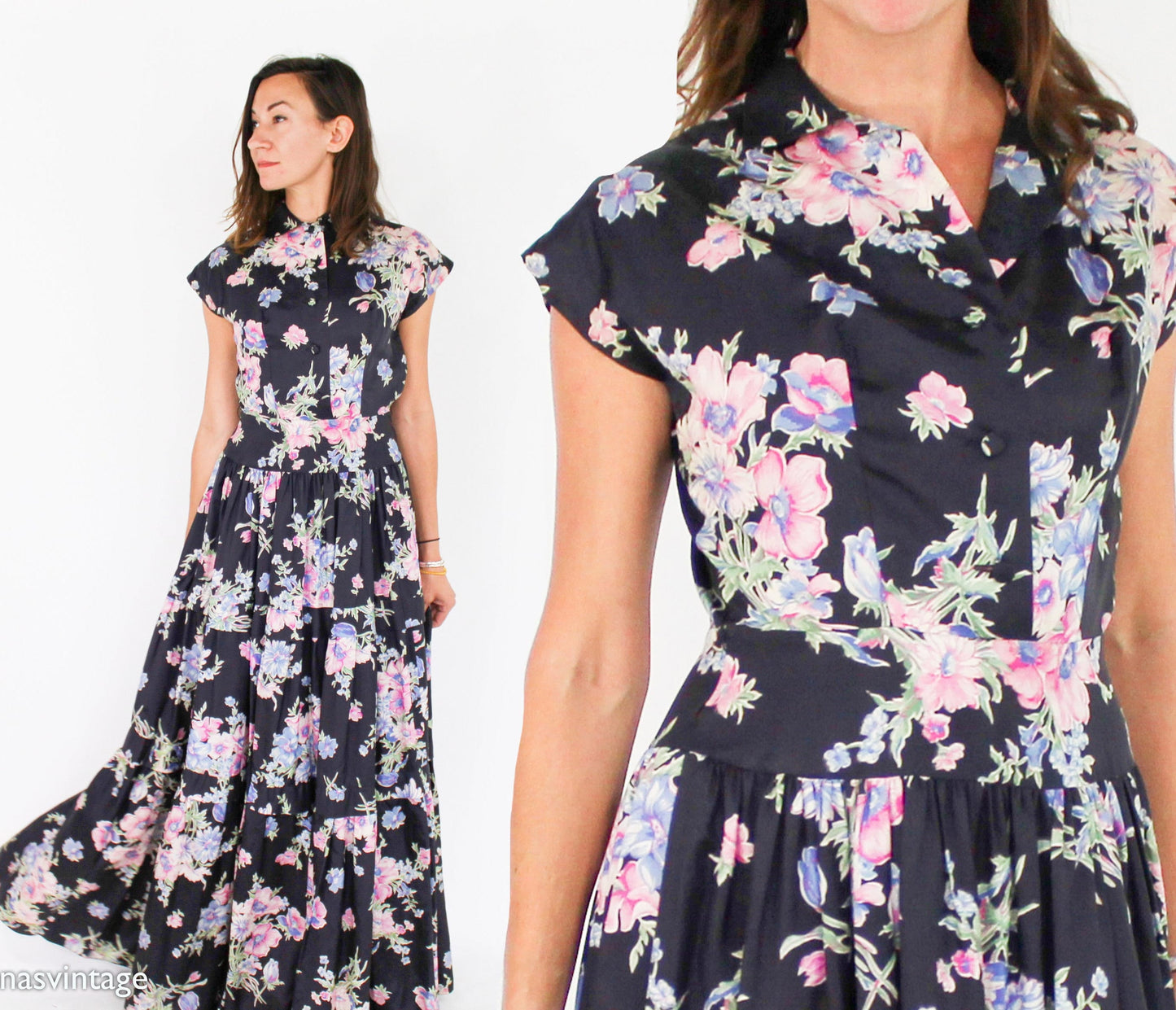 1940s Black Floral Print Evening Dress | 40s Black Flowered Sleeveless Hostess Gown | The Linzi Line | Small
