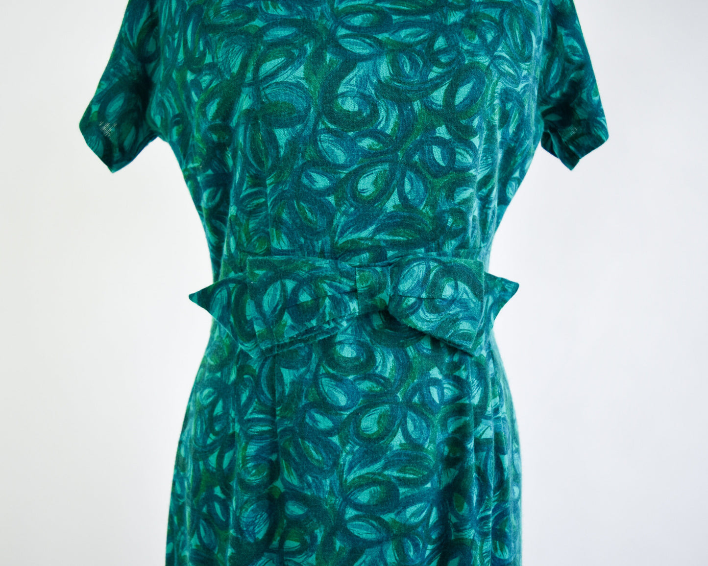 1960s Turquoise Green Floral Wool Knit Dress, Medium