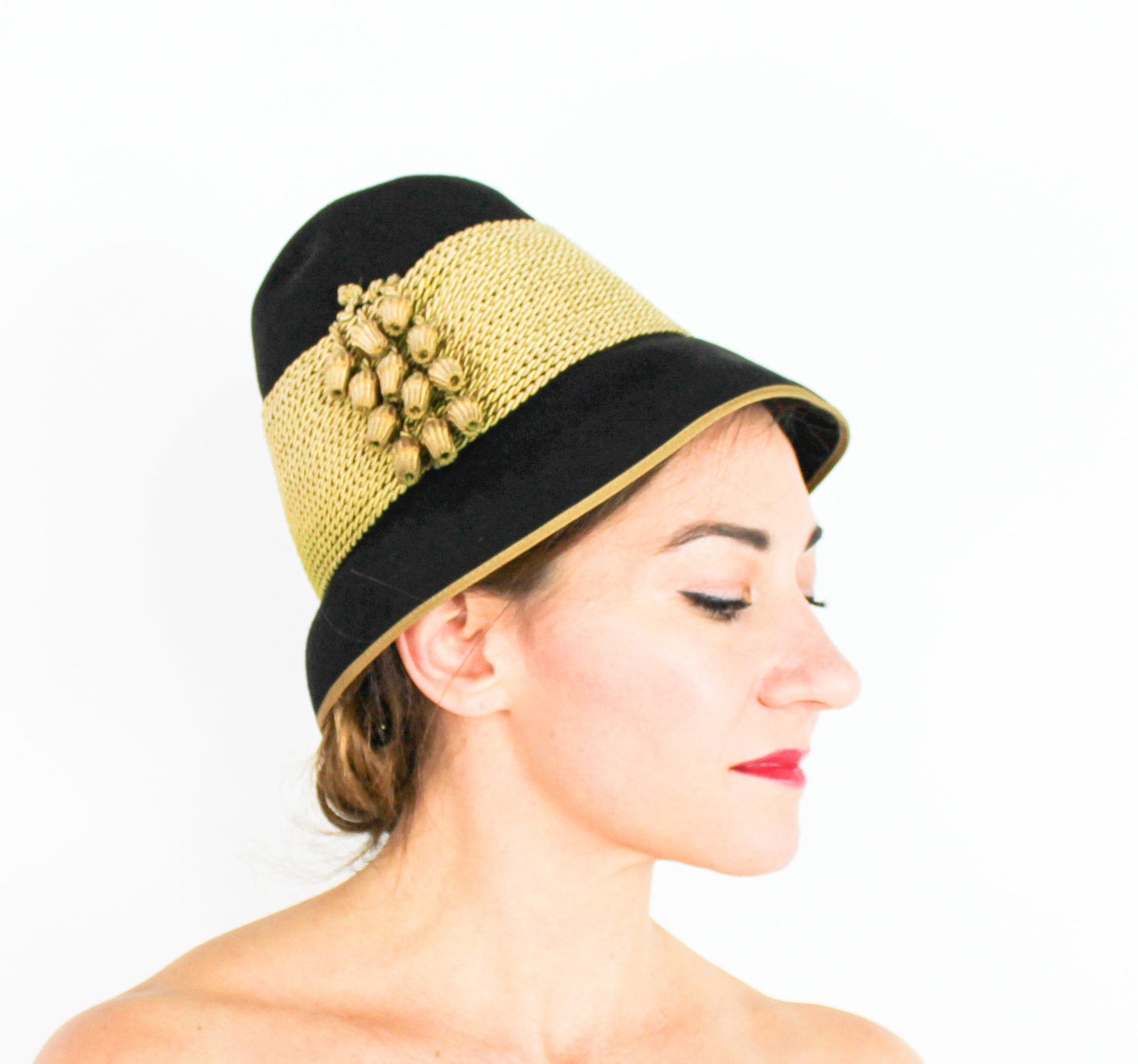 1930s Black & Gold Wool Felt Cloche