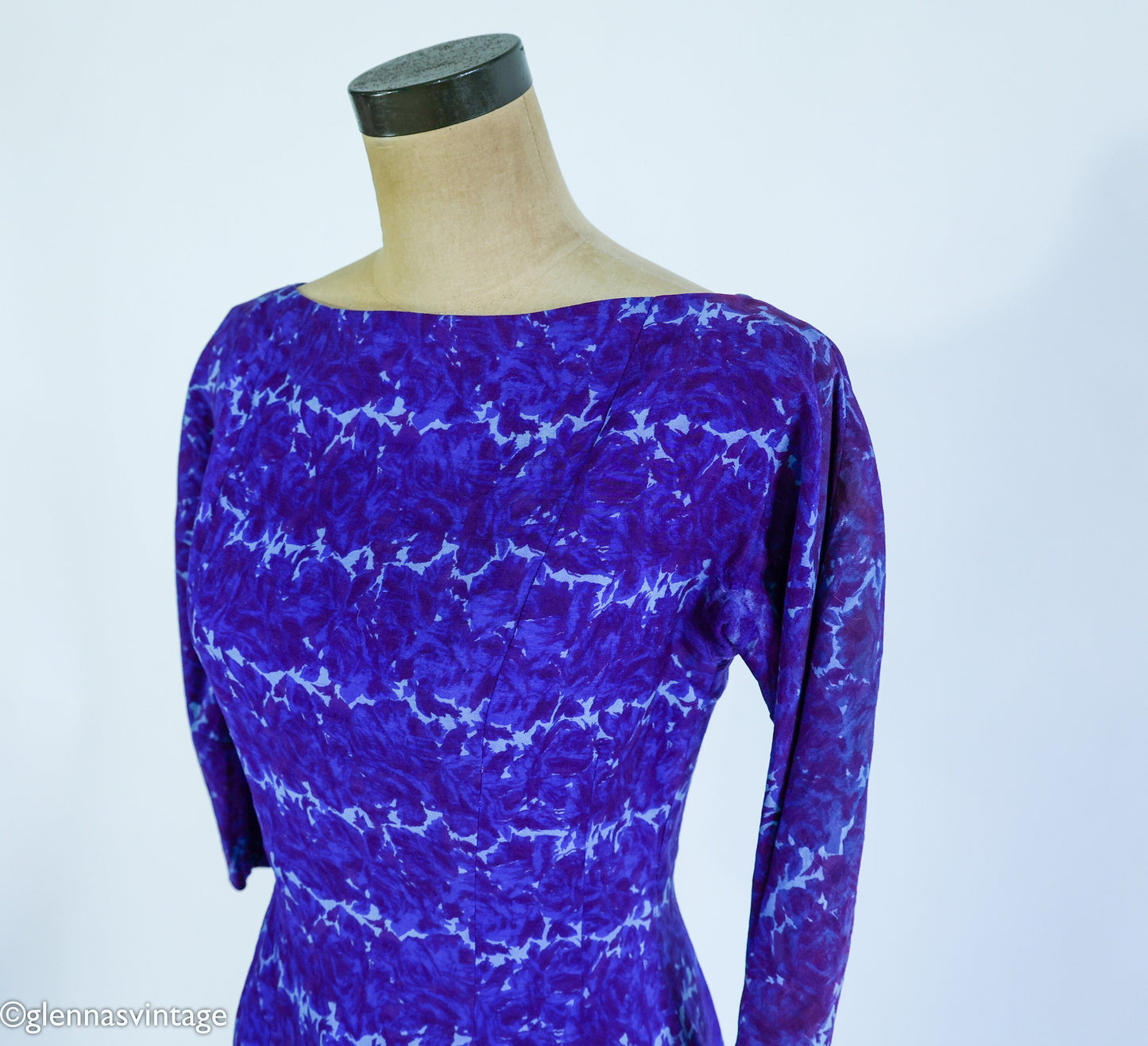 1950s Purple & Blue Print Wiggle Dress, Small