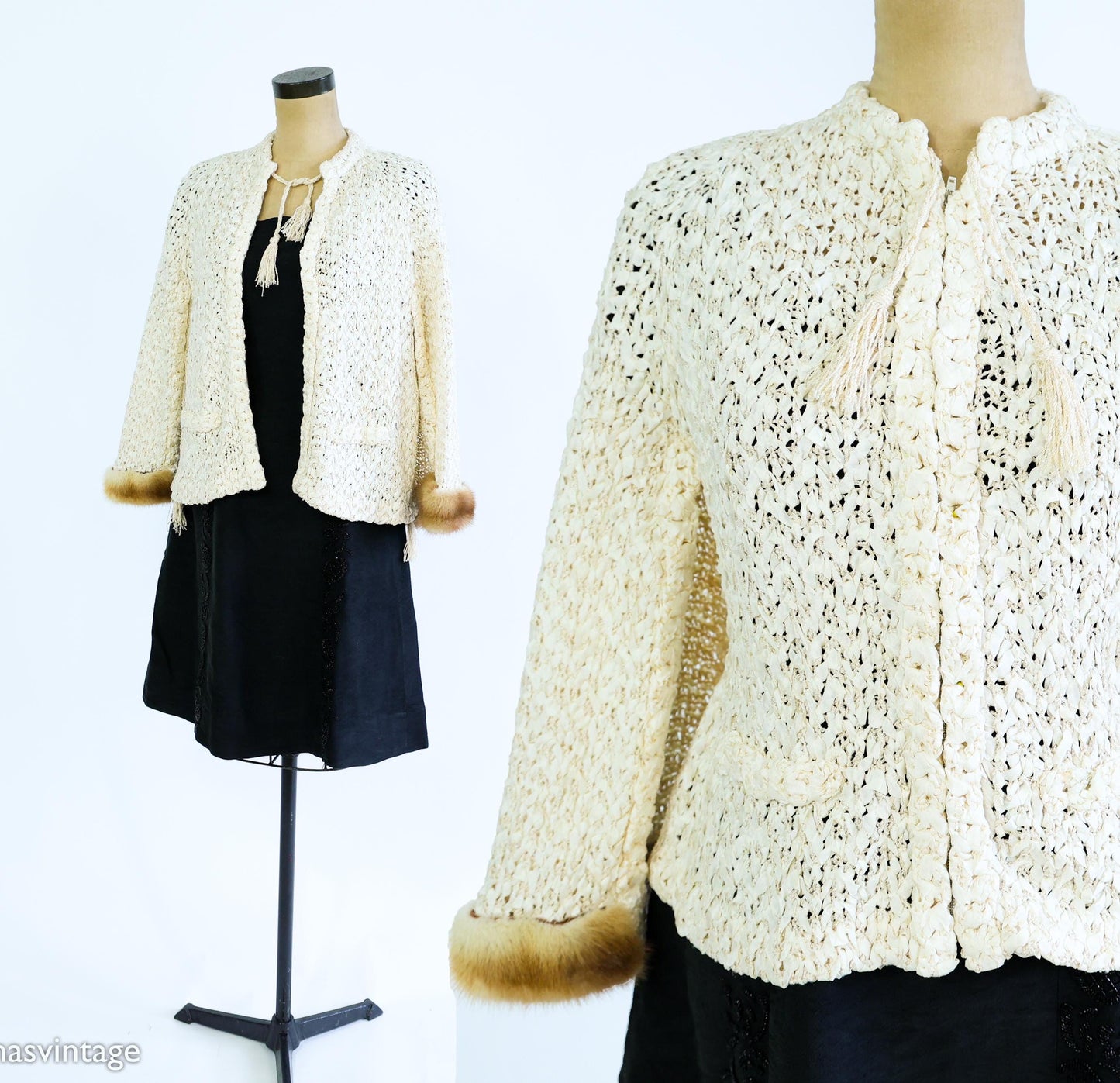 1940s Creme Crochet Ribbon Mink Trimmed Capelet |  40s Creme Silk Mink Trimmed Ribbon Cape  | One Size