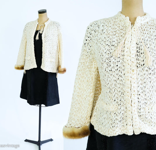 1940s Creme Crochet Ribbon Mink Trimmed Capelet |  40s Creme Silk Mink Trimmed Ribbon Cape  | One Size
